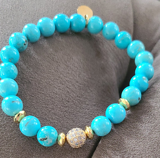 Blue Turquoise Bracelet w/ CZ and brass charm